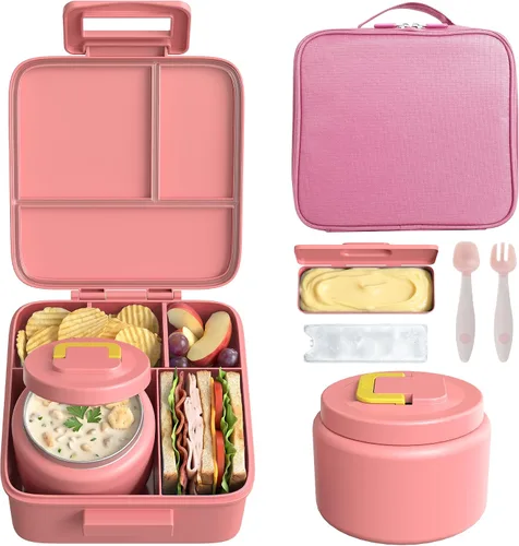 Vista 11 de MAISON HUIS Lonchera Bento con termo de sopa de 8 onzas y bolsa de almuerzo aislada, recipientes de comida a prueba de fugas para niños con 5