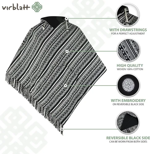 Vista 6 de virblatt - Poncho para hombre 100 algodón Poncho mexicano Baja sudadera con capucha para hombre Reversible Capa azteca mexicana con capucha