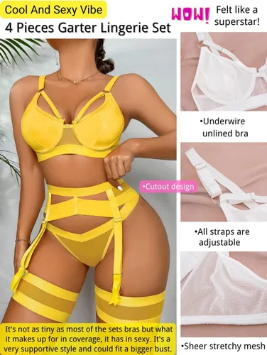 Vista 65 de Kaei&Shi - Lencería con liguero para mujer, conjunto de encaje traslúcido y sexy de 4 piezas combinadas