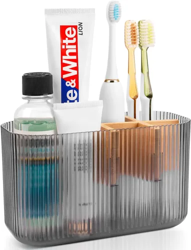 Vista 8 de GFWARE Soporte para cepillos de dientes negro – Portacepillos de dientes de bambú para baños, organizador de cepillos de dientes eléctrico