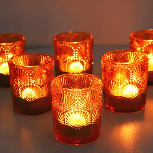 Vista 8 de Woho - 12 portavelas votivas ámbar, portavelas para Acción de Gracias 12pcs Glass Amber Candle Holder for Fall Wedding, Boho Tea Lights Candle