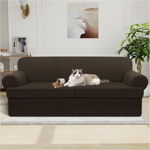 Vista 28 de Funda impermeable para silla con brazos, juego de 2 piezas, funda a rayas para 1 sofá separado con cojín en T, fundas de sillón de tela