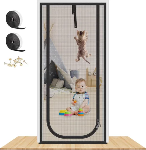 Vista 9 de Puerta mosquitera reforzada mejorada para gatos que se adapta a puertas de 30 x 80 pulgadas, puerta mosquitera resistente a prueba de mascotas