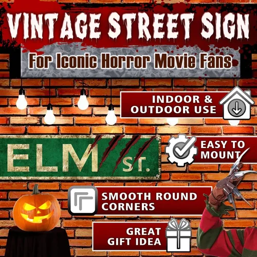Vista 4 de Regalos de Películas de Terror de Navidad Letrero de Elm Street Letreros de Metal Retro Decoración Espeluznante de Halloween, Arte de Pared Póster