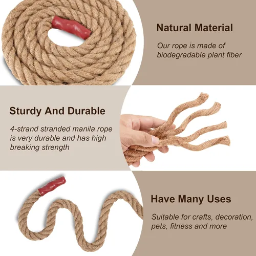 Vista 5 de Cuerda Manila de yute natural, 1 1/2 pulgadas x 49 pies, cuerda de cáñamo de fibra trenzada de 4 hebras para deportes, decoración, juguetes