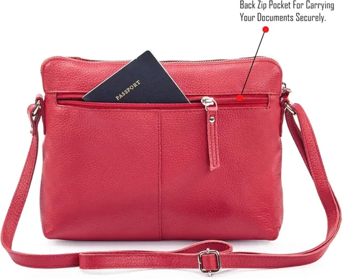 Vista 4 de Bolso cruzados pequeño y cartera de cuero auténtico granulado suave, bolso de hombro cruzado tipo bandolera de calidad prémium y triple cremallera