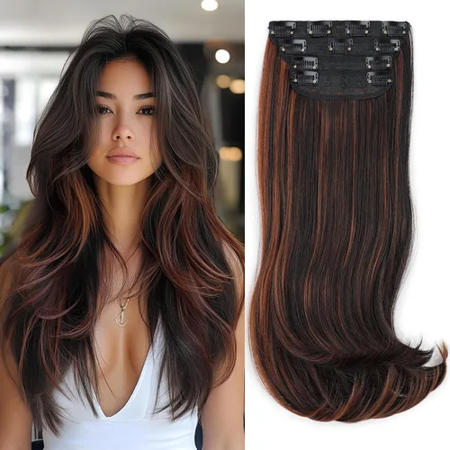 Vista 9 de FREEMEIGE 4 piezas de extensiones de cabello con clip, extensiones de cabello largas y gruesas con capas rectas de 20 pulgadas, extensiones