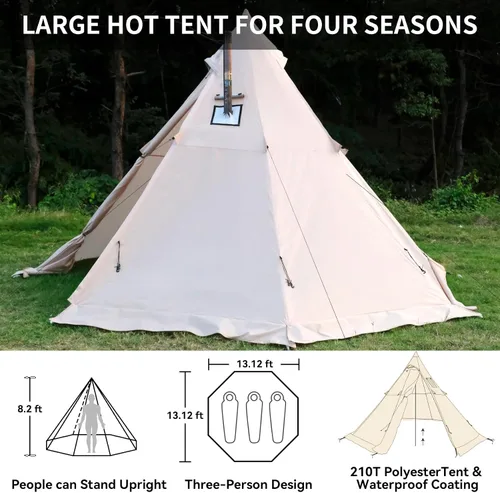 Vista 2 de Hot Tent with Stove Jack, 4 Season 3-4 Person Tipi Tent for Camping, 8.2ft Standing Room with Snow Skirt, Cold Weather Shelter for Family Fishing