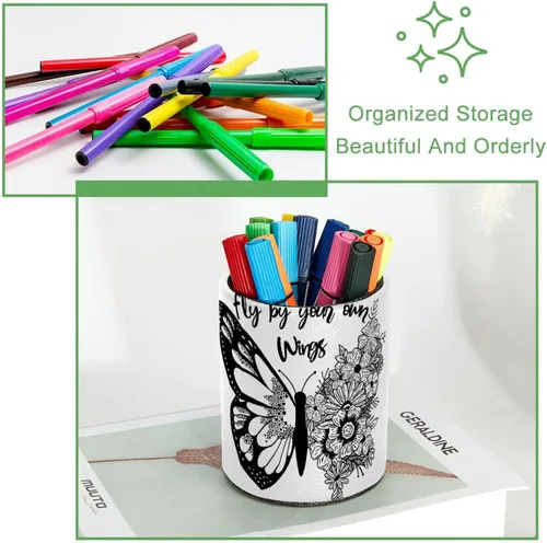 Vista 3 de Soporte para bolígrafos de flores de mariposa en blanco y negro, soporte para lápices de cuero de PVC para escritorio, organizador de escritorio
