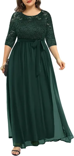 Vista 3 de Vestido formal largo de encaje de manga 34 con espalda en V para mujer