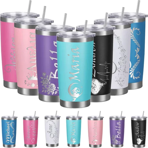Vista 8 de Vasos personalizados con tapa y pajita, vaso aislado personalizado grabado con nombre, vaso de café de acero inoxidable, regalos para hombres y Negro