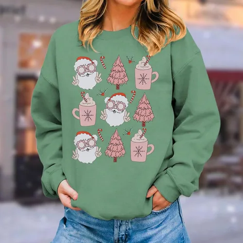 Vista 4 de Pink Christmas Sweatshirt for Women Fall Winter New Casual Fashion Christmas Santa Printed Sweater Top Crewneck