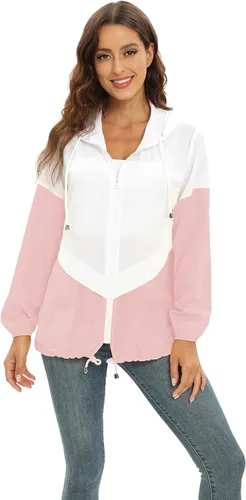 Vista 8 de Chaqueta casual para mujer, impermeable, ligera, con capucha, rompevientos, con bolsillos