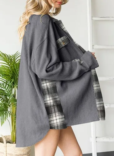 Vista 4 de SHEWIN Chaqueta de punto gofre para mujer, diseño a cuadros, con botones, holgada, de manga larga