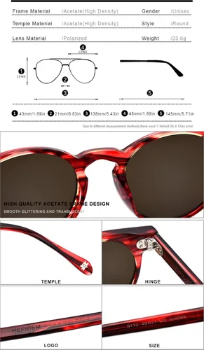 Vista 6 de HEPIDEM - Gafas de sol polarizadas redondas de acetato vintage para mujer con protección UV