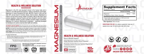 Vista 3 de Metabolic Nutrition Magnesio, 650 mg por porción, sin OMG, vegano, sin gluten, 90 cápsulas