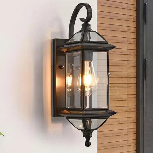Vista 13 de Lámpara de pared negra para exteriores, aplique de linterna de porche de vidrio transparente Negro 13.4"H