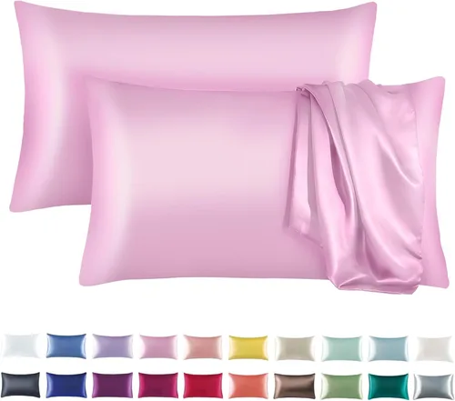 Vista 12 de Tyfitb Juego de 2 fundas de almohada de satén para cabello y piel, color azul bebé, fundas de almohada de enfriamiento tamaño estándar