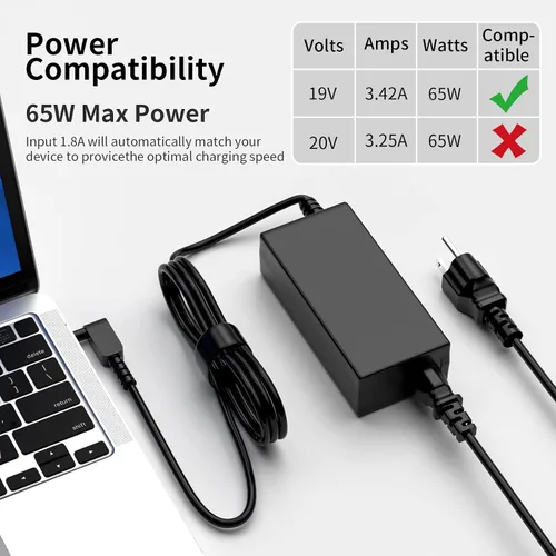 Vista 5 de Cargador para portátil de 65 W compatible con Acer Aspire 5 3 1 A515-54 A315-24P Chromebook N15Q8 N15Q9 N16P1 C738T C740 PA-1450-26, Swift 3, Spin 1