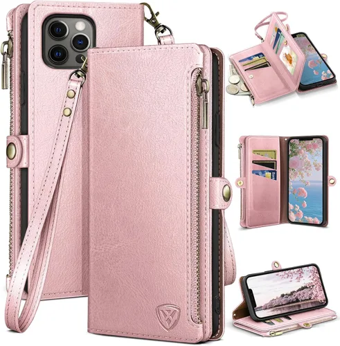 Vista 13 de XcaseBar Funda tipo cartera compatible con iPhone 13 Pro de 6.1 pulgadas con cremallera y tarjetero de crédito con bloqueo RFID, funda de piel