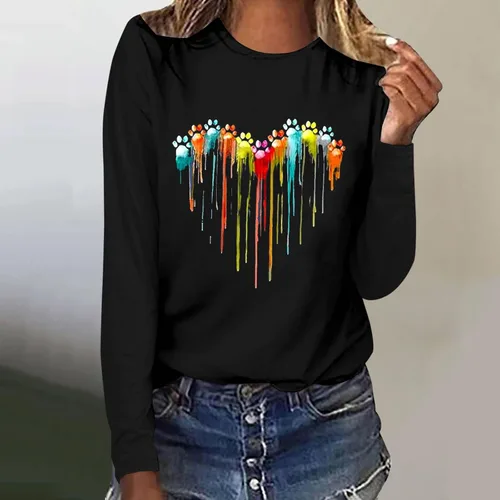 Vista 2 de Dog Paw Love Heart Print T-Shirt for Women Long Sleeve Cute Graphic Tees Tops Crewneck Shirts