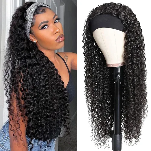 Vista 33 de Peluca de cabello humano con diadema de ondas profundas, sin pegamento, pelucas de cabello rizado sin encaje frontal, pelucas de cabello humano
