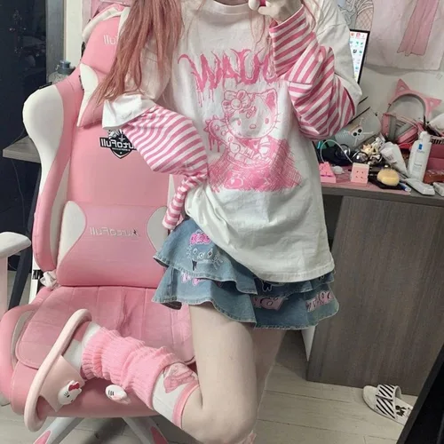 Vista 4 de Camisetas de manga larga de anime para mujer, retazos, Kawaii Harajuku, falsas de dos piezas góticas