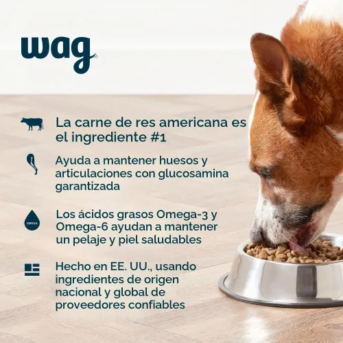 Vista 3 de Marca Amazon - Wag Nutrición Premium para Perros Adultos, Alimento Seco, Apoya la Salud del Estómago y la Piel, Carne de Res y Arroz Integral, Bolsa