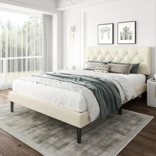 Vista 3 de CXVX Marco de cama de tamaño matrimonial con estructura de plataforma y cabecera tapizada, diseño con botones, listones de madera resistentes,