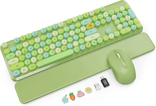 Vista 13 de Combo de teclado y mouse inalámbricos con reposamuñecas magnético, teclas redondas, teclado retro de tamaño completo, patas inclinables de dos Azul