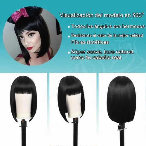 Vista 6 de Kalyss - Pelucas cortas de cabello negro con flequillo para mujer, peluca de cabello sintético completo, resistente al calor, peluca corta y recta