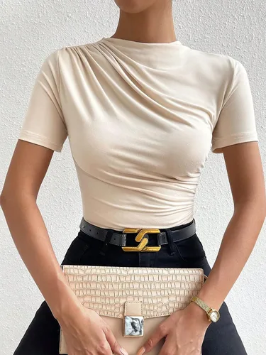Vista 4 de Milumia Camiseta casual de manga corta con cuello alto falso para mujer