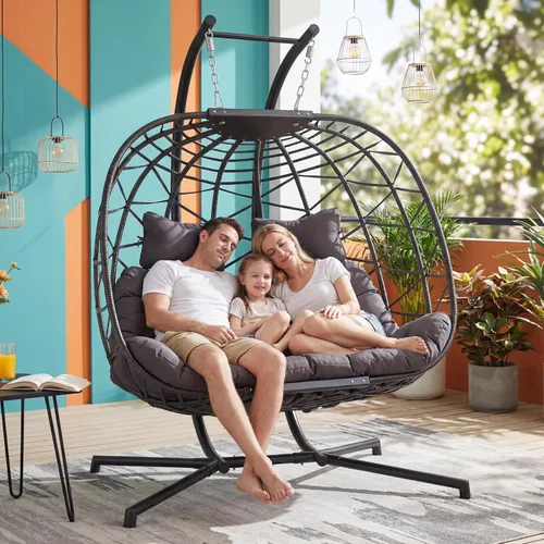 Vista 16 de BULEXYARD Silla columpio doble con soporte, asiento de gran tamaño para 2