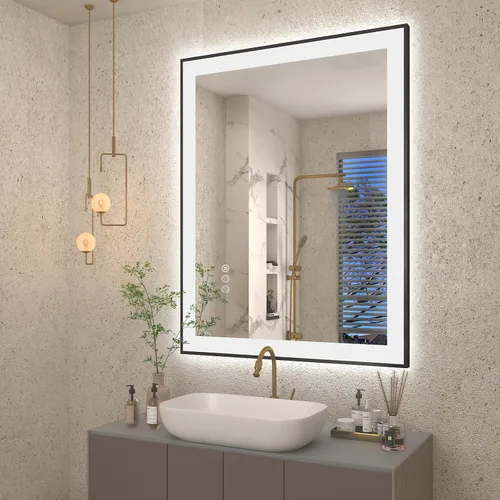 Vista 24 de SMIROR Espejo de baño LED con luces de 22" x 30", espejo de tocador rectangular redondeado iluminado para pared, iluminado frontal y retroiluminado