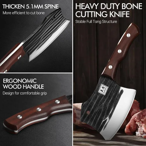 Vista 6 de ENOKING Cuchillo de carnicero de 5.7 pulgadas, cuchillo forjado a mano resistente para huesos con mango de madera, cuchillo de carnicero de espiga
