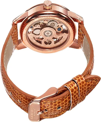 Vista 4 de Akribos XXIV Reloj automático de esqueleto para mujer - Reloj de pulsera de acero inoxidable y correa de cuero - AK431
