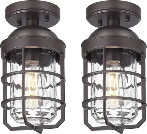 Vista 19 de Emliviar Lámpara de techo estilo granja, luz semiempotrada vintage para interior, luz de seguridad con vidrio templado transparente, acabado