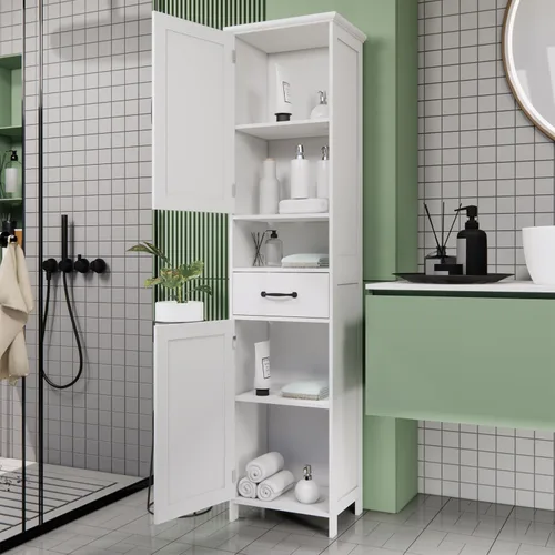 Vista 4 de Locsear Armario de almacenamiento alto para baño, armarios de baño blancos independientes, armario de almacenamiento estrecho con estantes