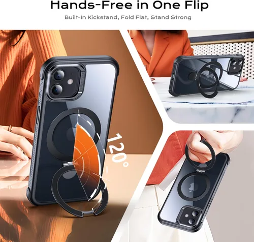 Vista 2 de Anqrp Funda transparente con función atril magnética con junta tórica para iPhone 12/12 Pro, compatible con Mag-Safe, de grado militar, reforzada
