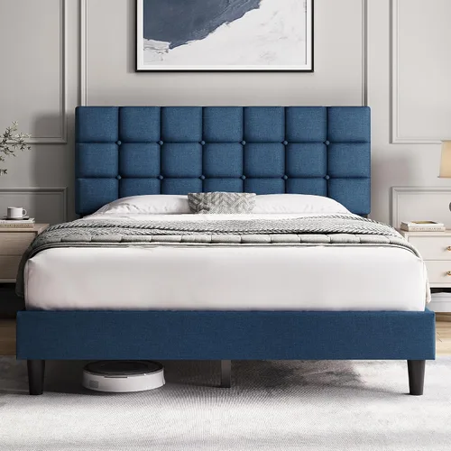 Vista 11 de Yaheetech Base de cama tapizada, moderna plataforma de cama individual con cabecera de costura cuadrada y botones, altura ajustable, soporte