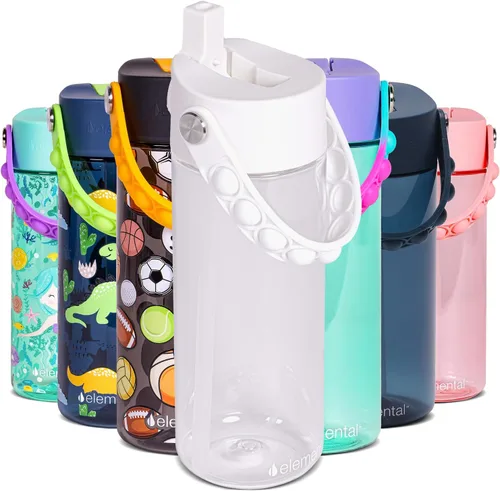 Vista 45 de Elemental Botellas de agua para niños – Botella de agua para niños Splash para la escuela con mango Pop-it – Botella de agua de plástico Tritan sin