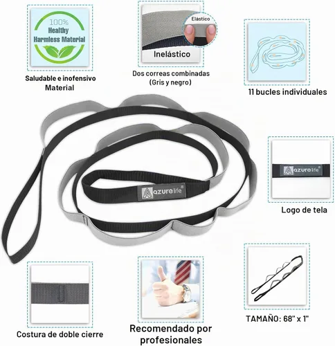 Vista 4 de A AZURELIFE Half-Elastic Stretch Straps with 11 Loops, Stretching Strap for Physical Therapy, Multi-Loop Yoga Strap Fitness Exercise Strap for Yoga