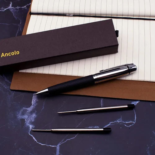 Vista 2 de Ancolo Juego de bolígrafos de regalo, piel sintética, caja de regalo de metal, bolígrafo de lujo y 2 recambios de tinta negra. Escritura suave