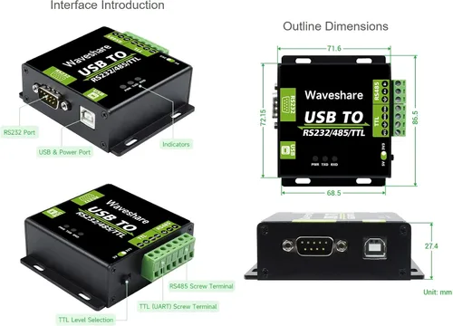 Vista 8 de Waveshare CH343G USB a RS232/485/TTL Interfaz Industrial Aislado Convertidor Protección Circuitos y Carcasa de Aleación de Aluminio para Equipos