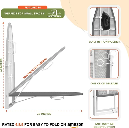 Vista 4 de Xabitat Tabla de planchar para montar en la pared con soporte para plancha, 36.2" X 12.2" tabla de planchar plegable de montaje compacto