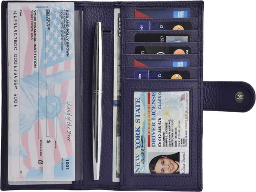 Vista 3 de Carteras de cuero con RFID y bolsillo de chequera para mujer, soporte duplicado de cheques tarjetas y bolígrafos