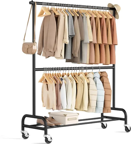 Vista 9 de MISSLO Perchero resistente para ropa con ruedas, para colgar ropa, para abrigo, vestuario, dorado (doble barra)