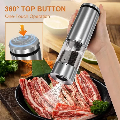 Vista 9 de Juego de Molinillo Eléctrico de Sal y Pimienta Recargable, Agitadores Automáticos de Sal y Pimienta Molinos con Grosor Ajustable Externo, Accesorios