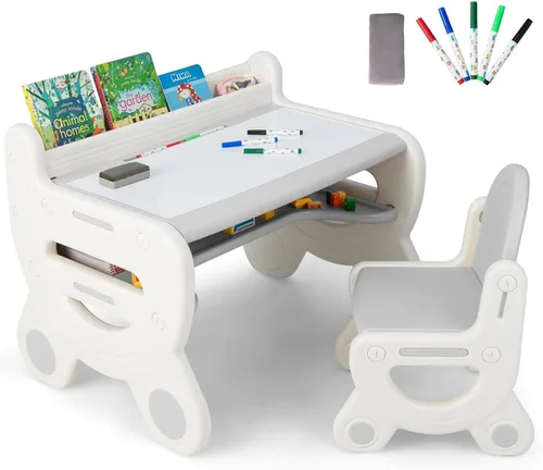 Vista 13 de Costzon - Juego de mesa y silla para bebé, escritorio de actividades de plástico con pizarra, bolígrafos de acuarela, borrador de pizarra y estante