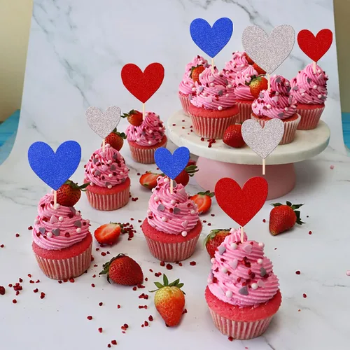 Vista 5 de 30 piezas de decoración para cupcakes con diseño de corazón con purpurina para cupcakes, boda, compromiso, despedida de soltera, decoración de Azul
